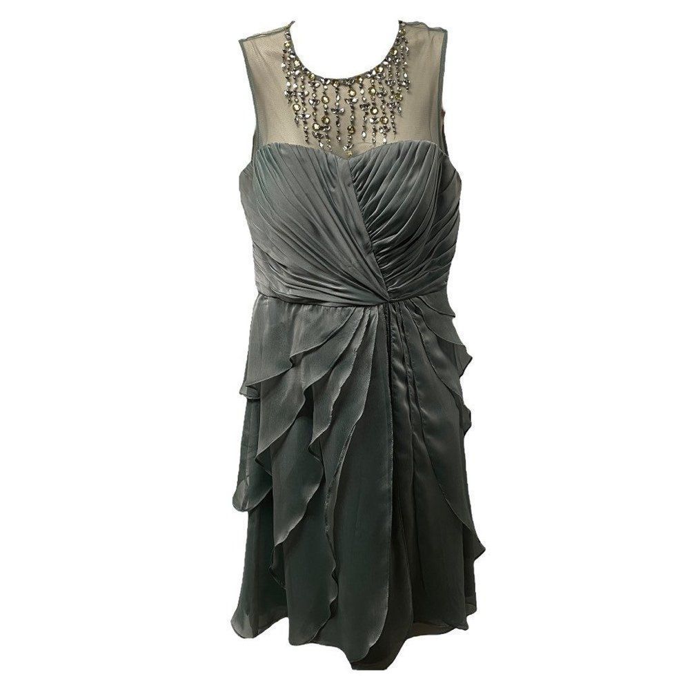 Adrianna Papell Womens Sheath Dress Green Pleated Zip Sleeveless Embellished 6
